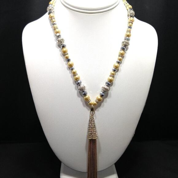 Artisan Gold Pearl Rhinestone Tassel Necklace 22” Vintage Inspired Jewelry - Picture 3 of 9
